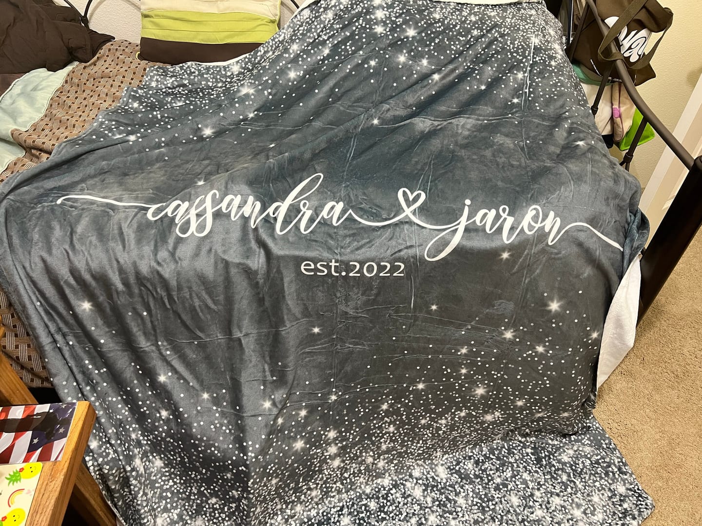 Customer photo review of Personalized Wedding Blanket: Sparkling Silver Minky Fleece Newlywed Gift