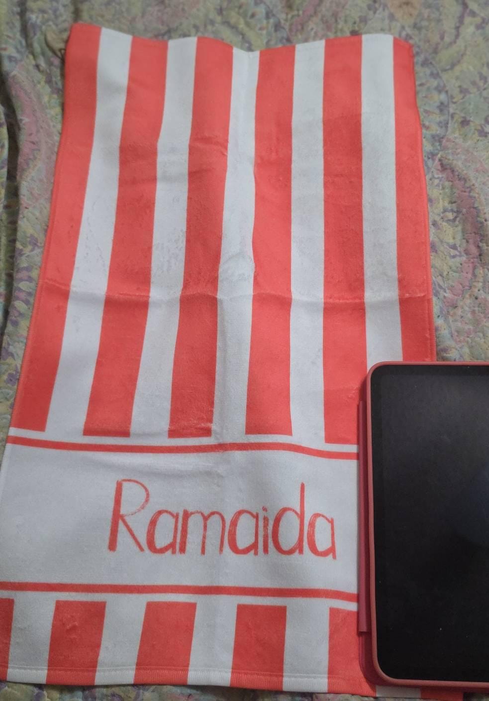Customer photo review of Personalized Stripe Beach Towel: Custom Name Vacation Gift