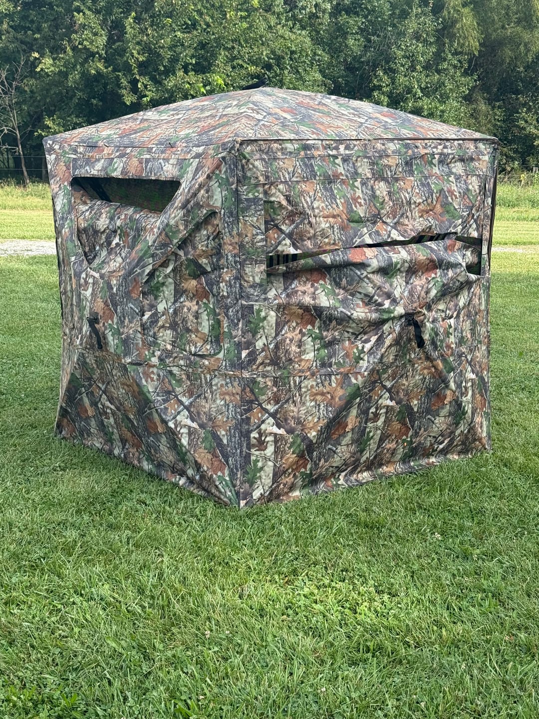 Customer photo review of Vis360 See Through Ground Blind | 360° Camouflage Pop Up Hunting Blind for 2/3/4 Person | Portable Deer Blind with Orange Cover