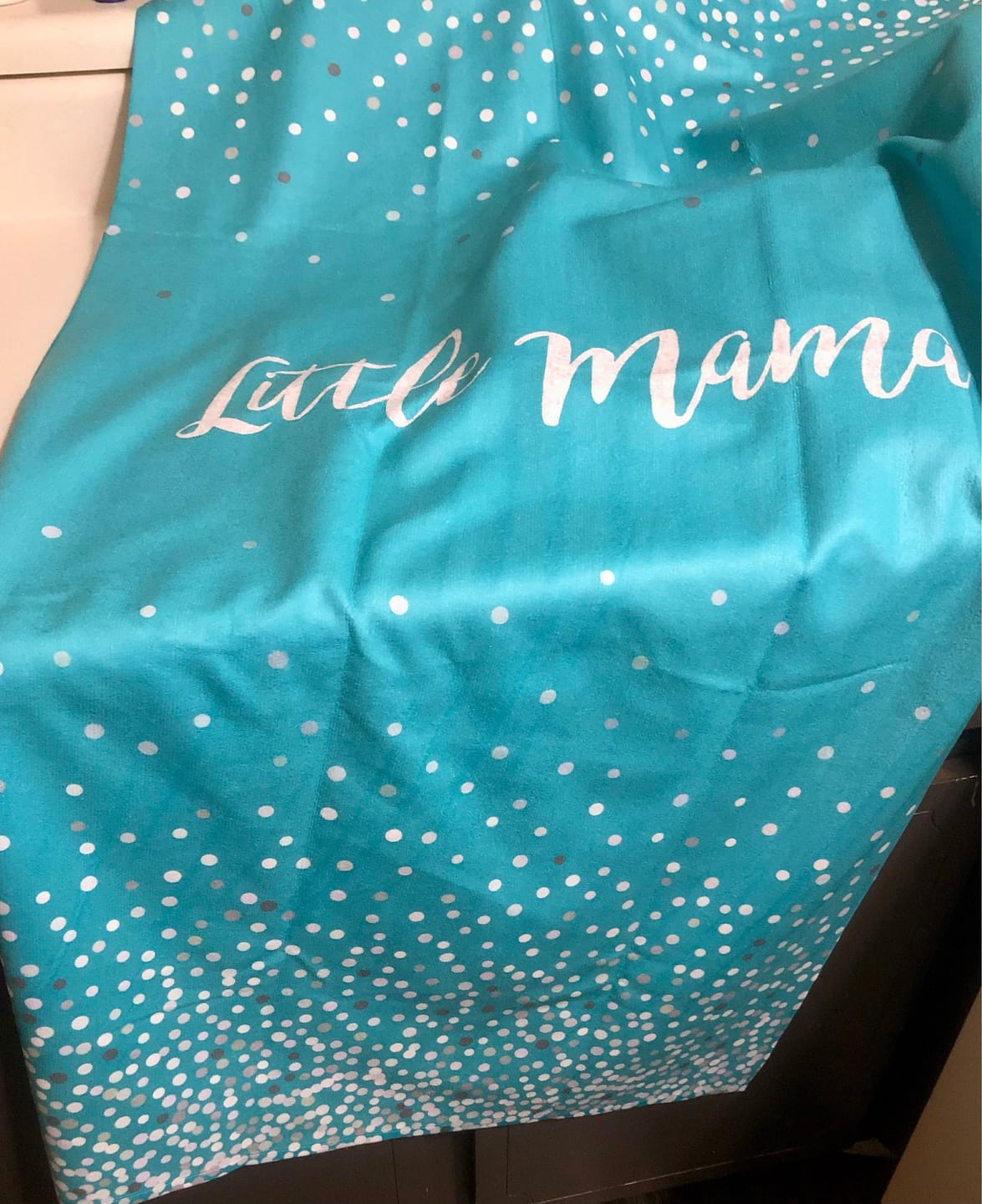 Customer photo review of Personalized Beach Towel: Sparkling Silver Name, Custom Vacation Gift