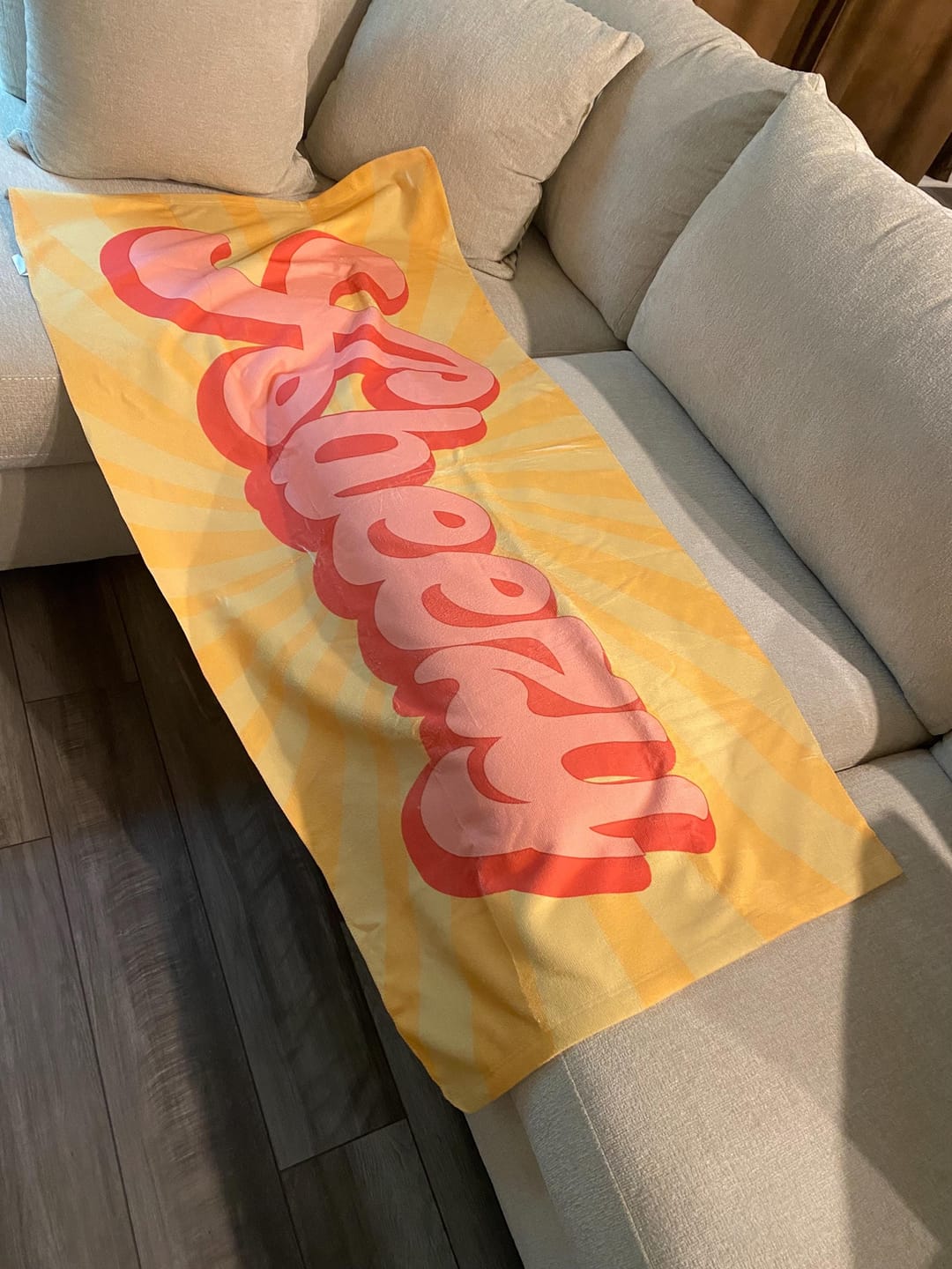 Customer photo review of Personalized Retro Beach Towel: Groovy Custom Name Bath Towel