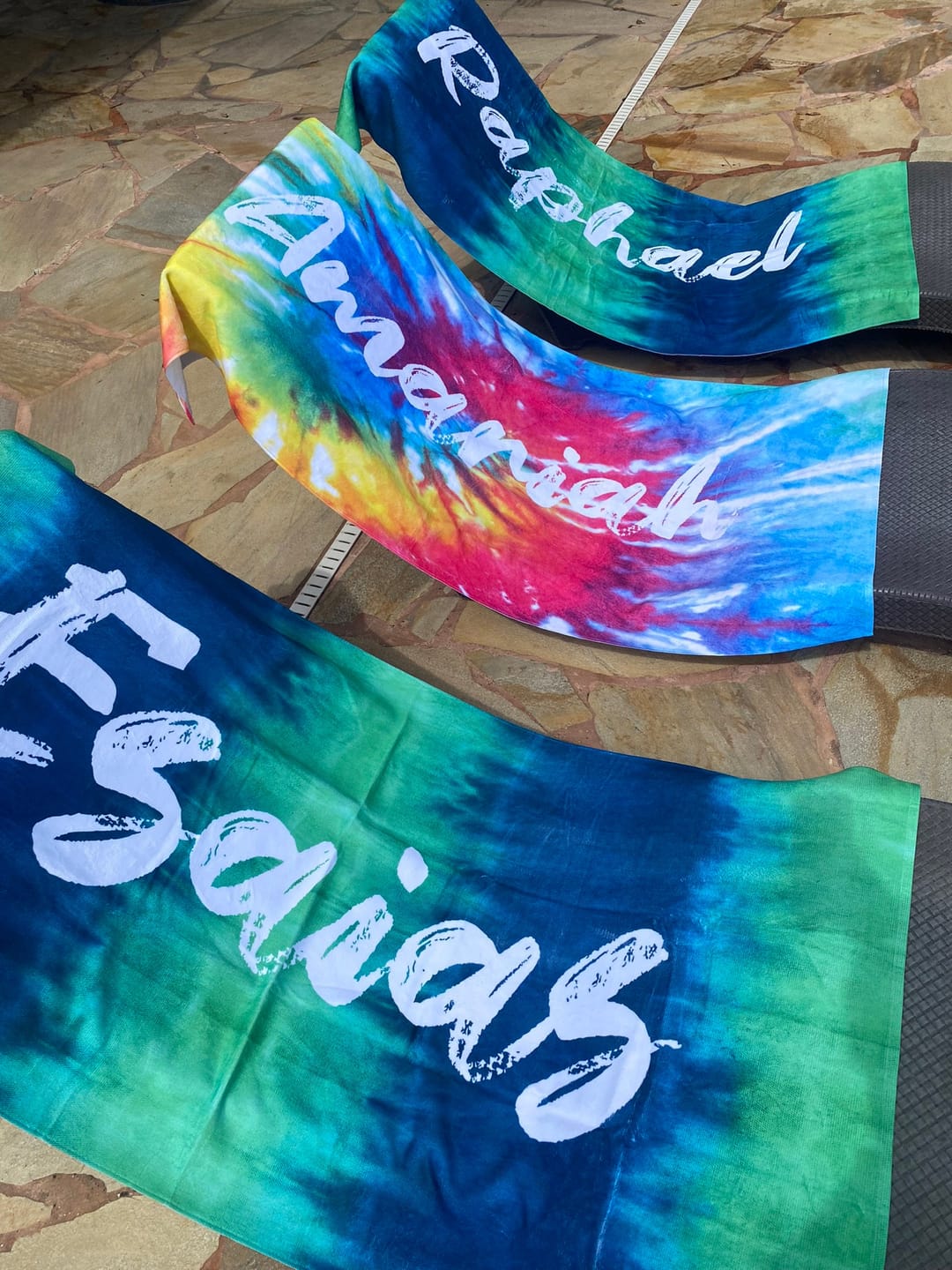 Customer photo review of Personalized Tie Dye Beach Towel: Custom Name Pool Towel