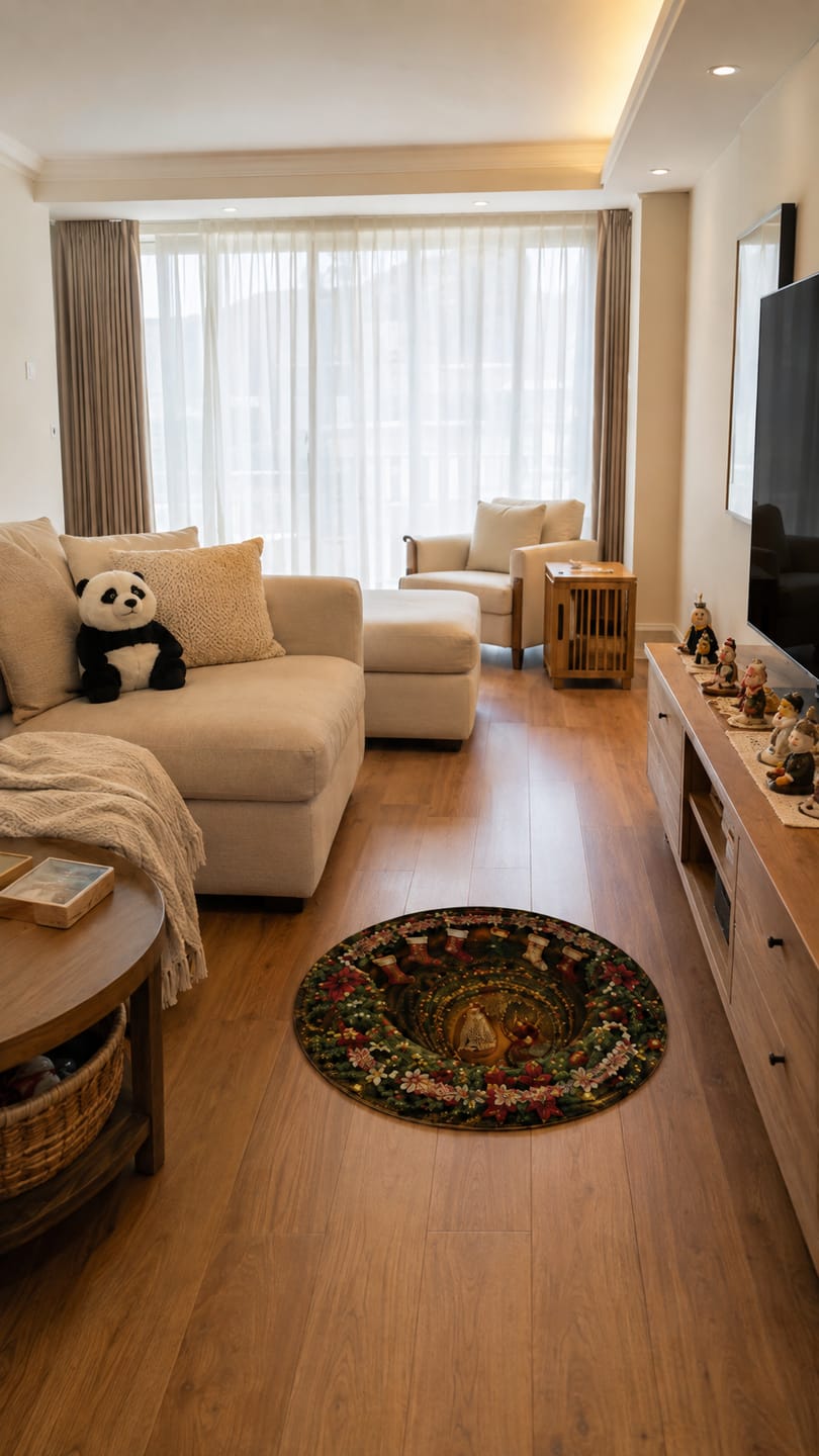 Customer photo review of Christmas 3D Vortex Optical Illusion Round Rug Non-Slip Decorative Floor Mat, Winter Snow Forest Deer Snowman Vintage Red Truck Cabin Wreath Pattern, Indoor Holiday Home Decor Gift For Family, Christmas Enthusiasts