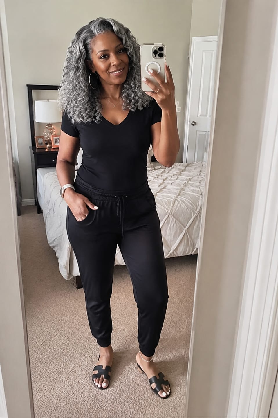 Customer photo review of Luvwin Salt & Pepper Loose Wave Curly Wig Glueless Gray Color 100% Human Hair
