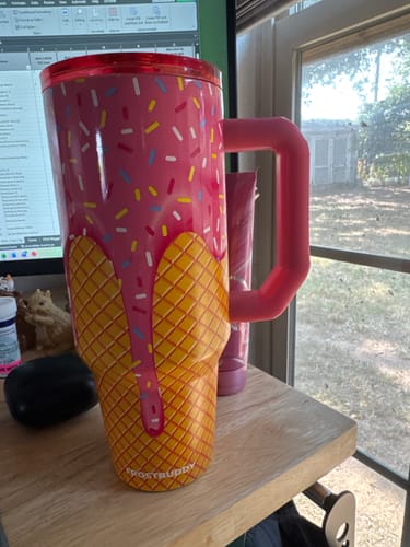 Customer's Mystery Thicc Buddy tumbler with an ice cream cone pattern, featuring pink icing and a waffle base.