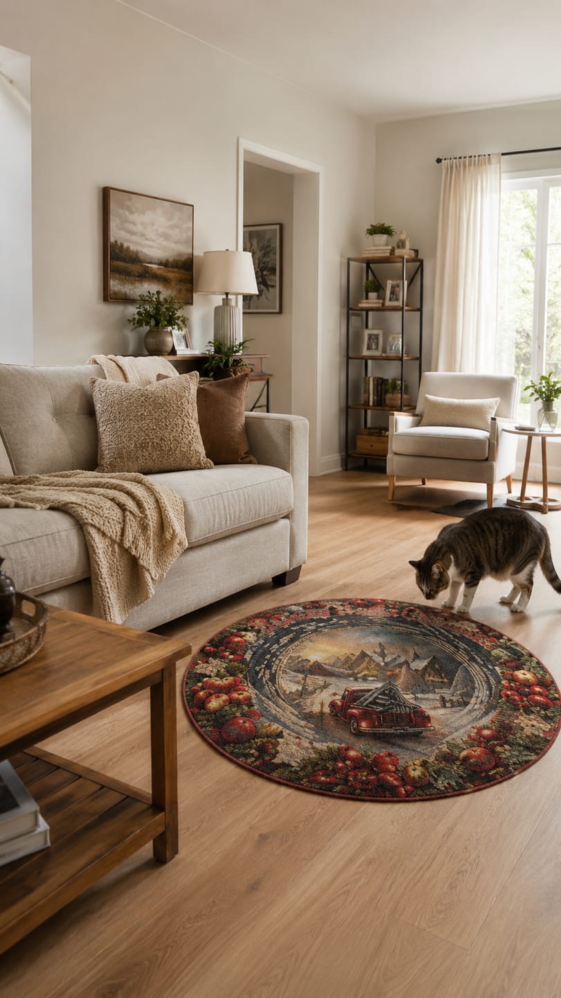 Customer photo review of Christmas 3D Vortex Optical Illusion Round Rug Non-Slip Decorative Floor Mat, Winter Snow Forest Deer Snowman Vintage Red Truck Cabin Wreath Pattern, Indoor Holiday Home Decor Gift For Family, Christmas Enthusiasts