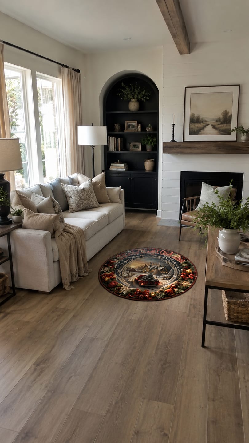 Customer photo review of Christmas 3D Vortex Optical Illusion Round Rug Non-Slip Decorative Floor Mat, Winter Snow Forest Deer Snowman Vintage Red Truck Cabin Wreath Pattern, Indoor Holiday Home Decor Gift For Family, Christmas Enthusiasts