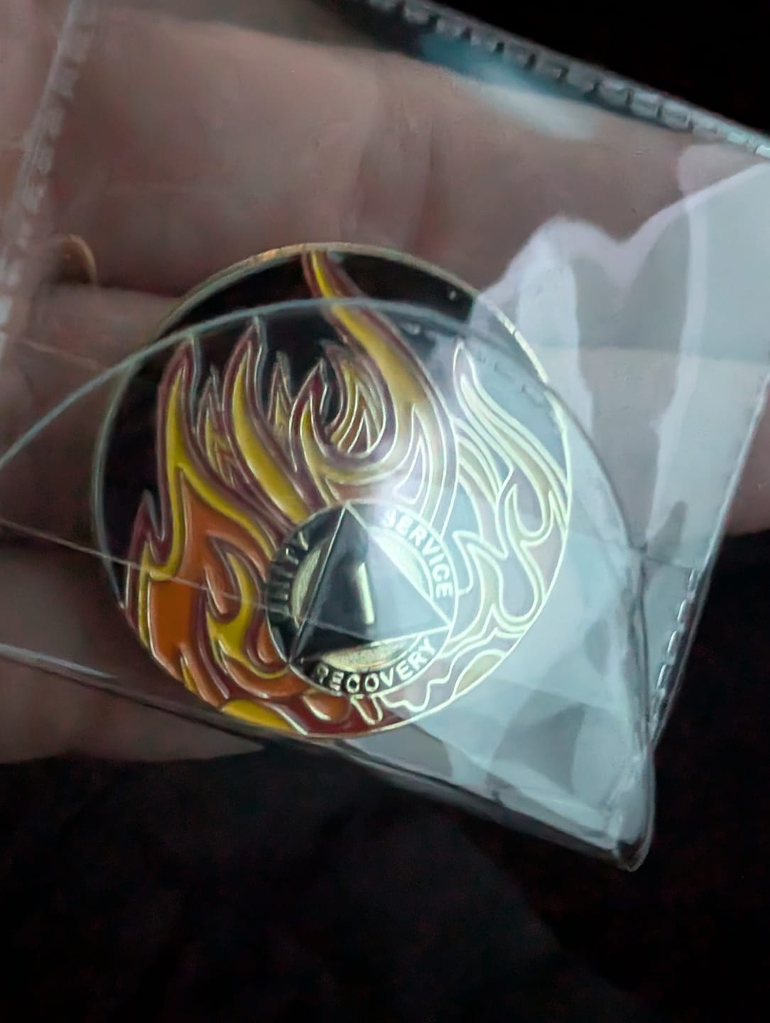 Customer photo review of 1 Year Sobriety Mint Twisted Flames Gold Plated AA Recovery Medallion/Chip/Coin - Black/Red/Orange/Yellow