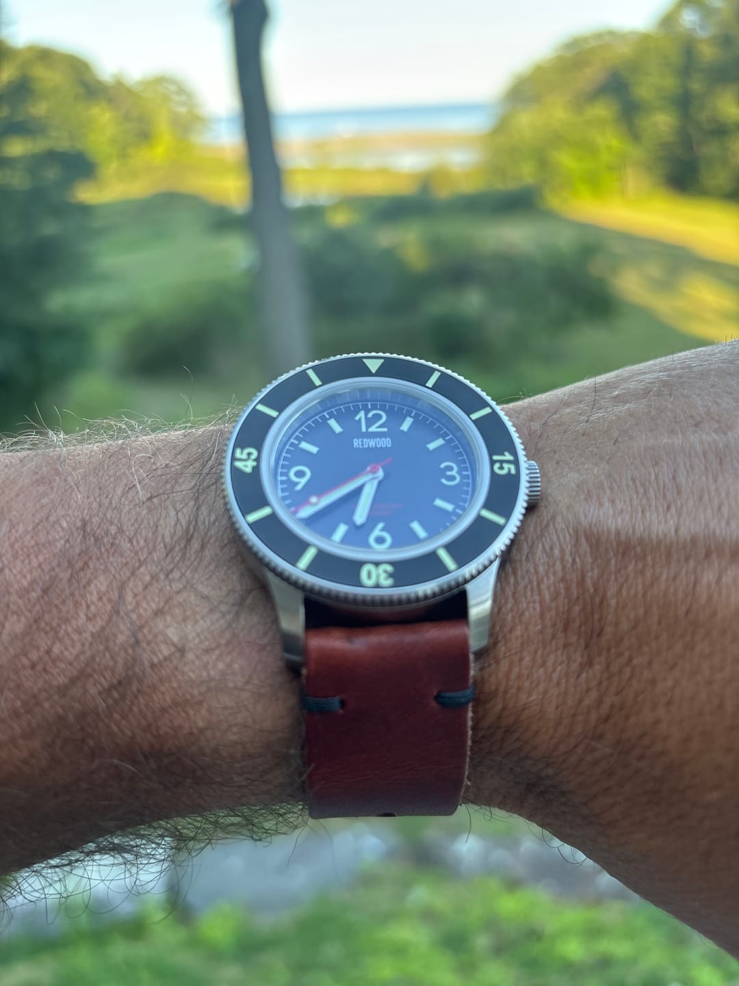 Customer photo review of Horween English Tan Dublin Leather Watch Strap, Black Thread