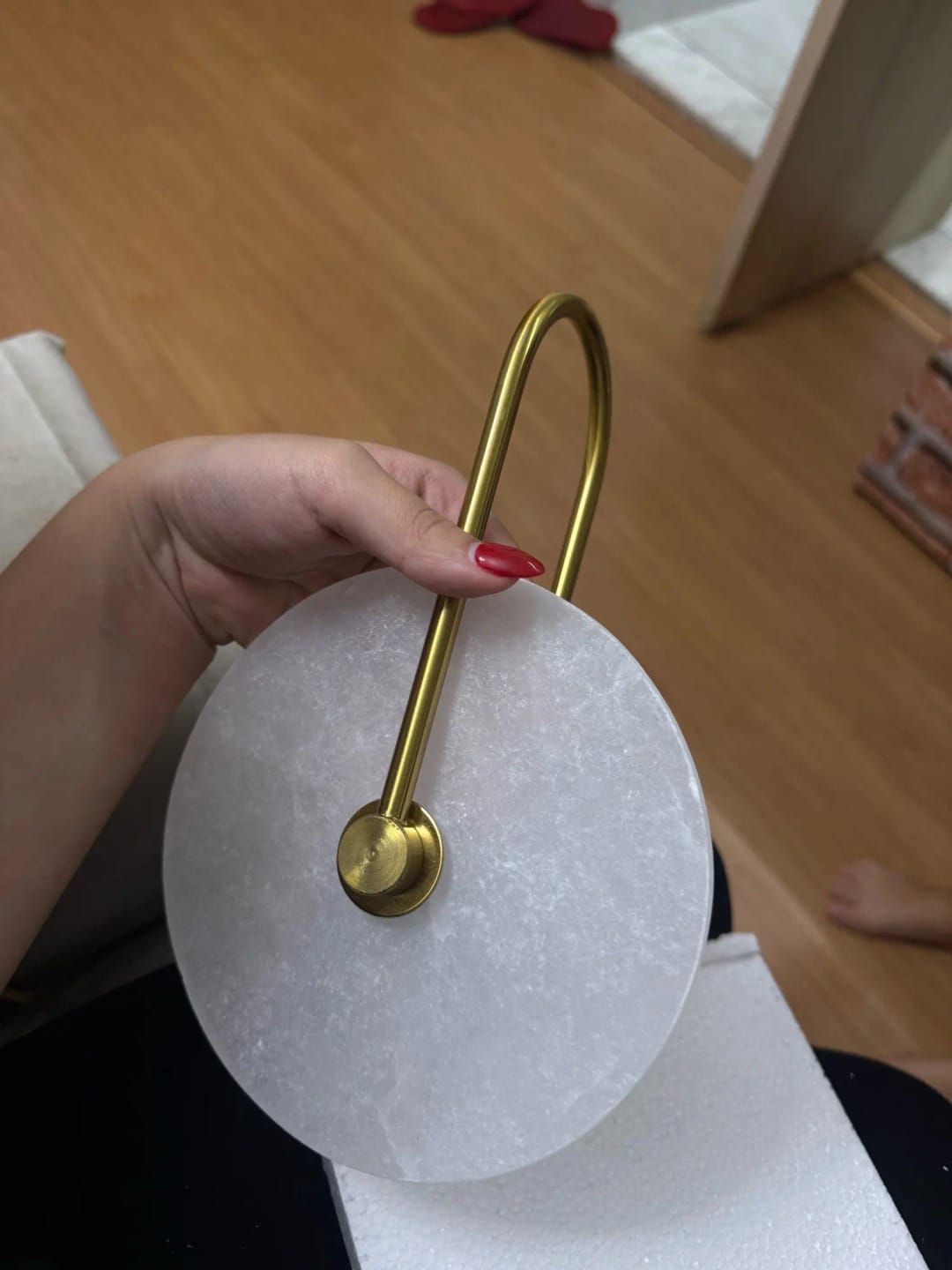 Customer photo review of Kristy Round Alabaster Wall Lamp, Black Arm, G9 LED, Warm or Cold Light