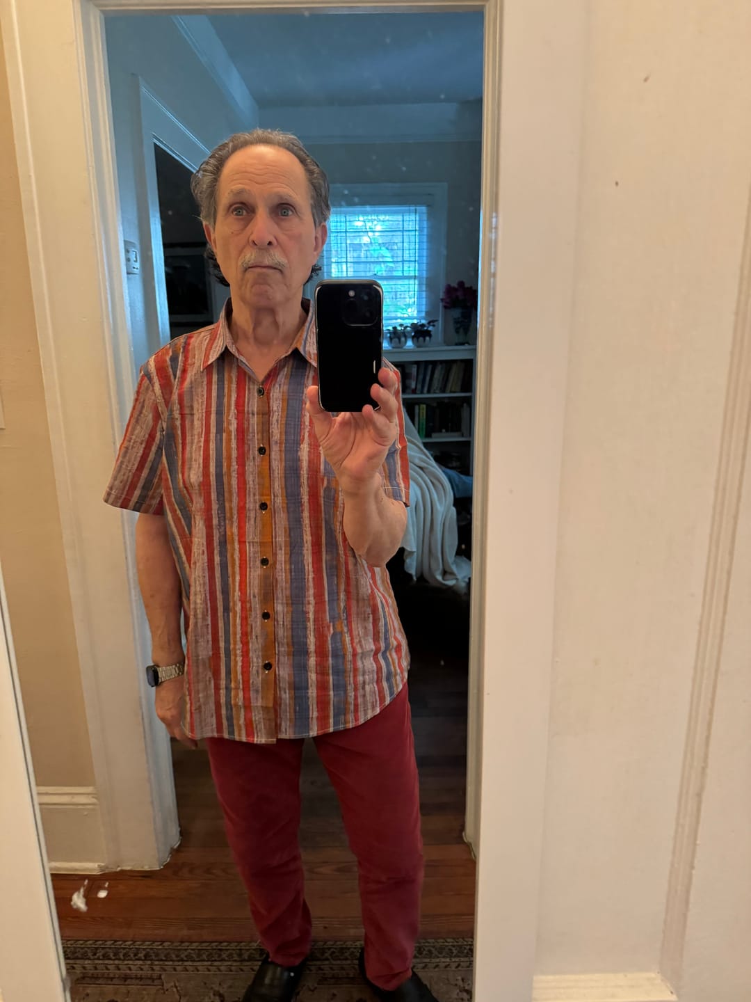 Customer photo review of Men's Casual Retro Multicolor Striped Holiday Button Up Short Sleeve Shirt