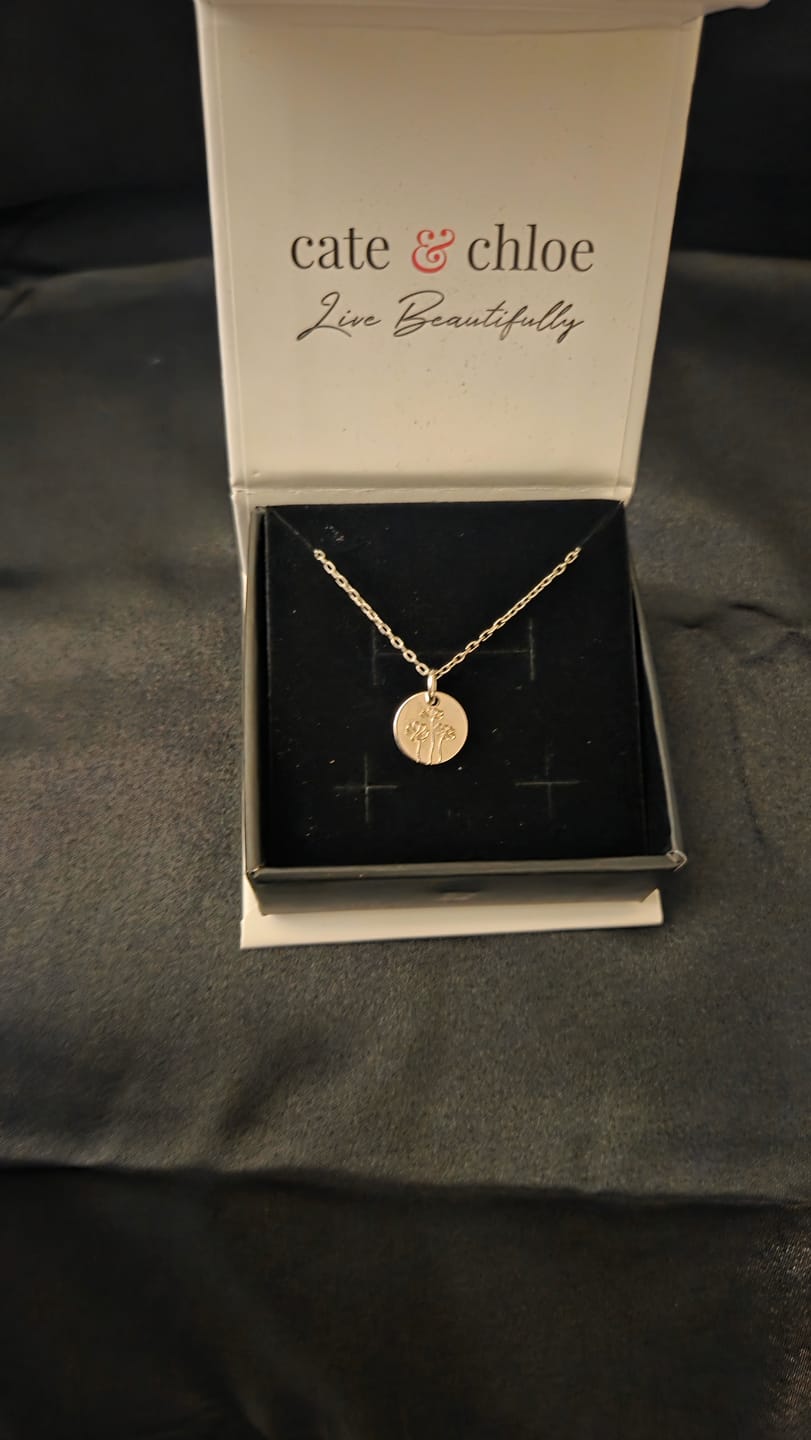 Customer photo review of Floral 18k White Gold Plated Engraved Birth Month Flower Pendant Necklace