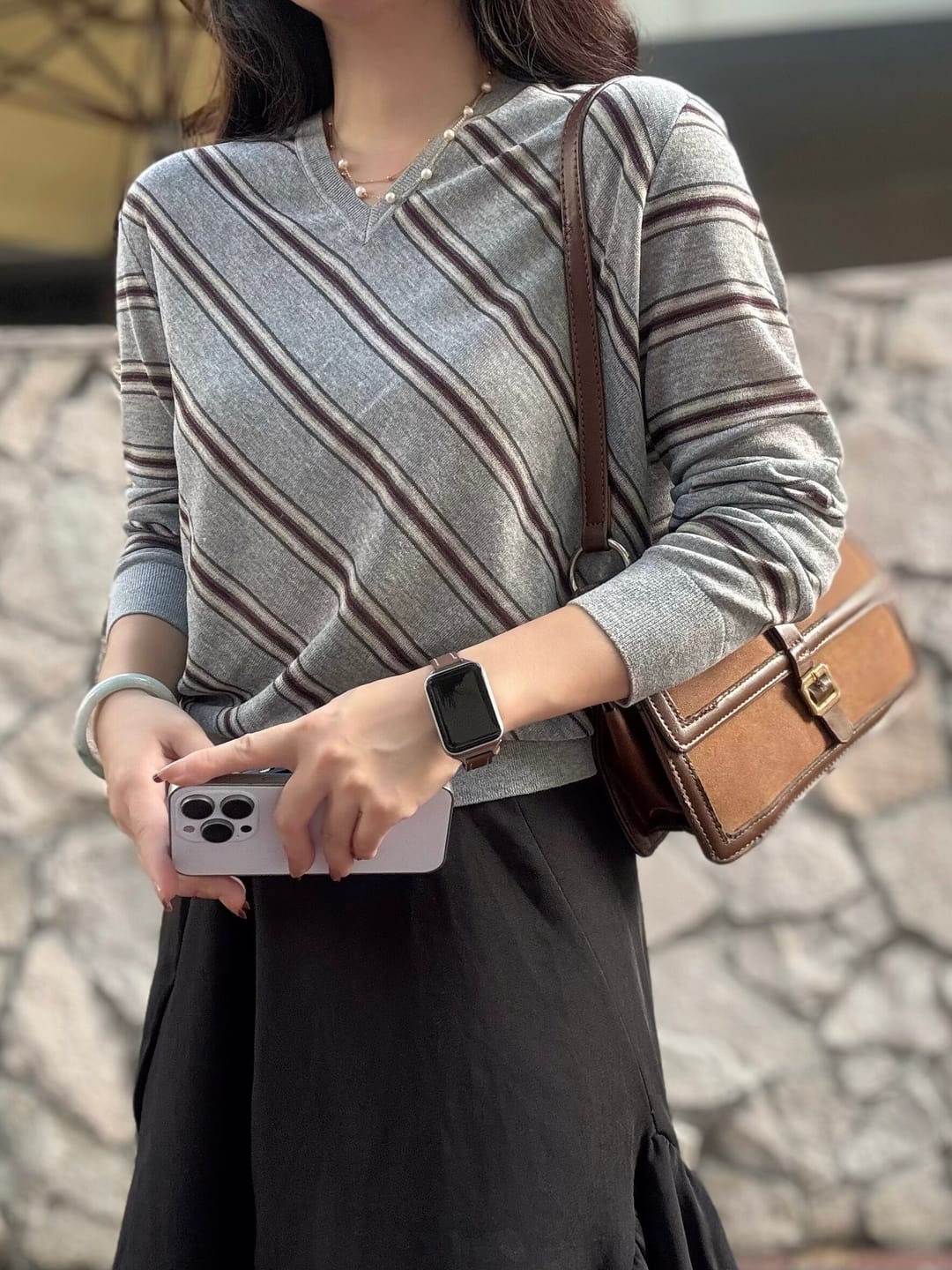 Customer photo review of LILY Contrast Stripe V-Neck Sweater