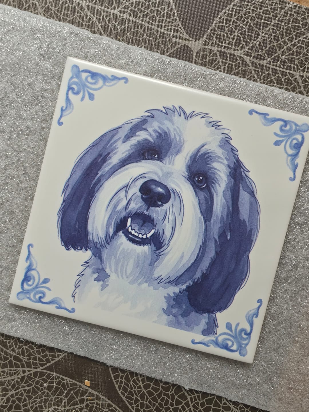 Customer photo review of Delfts Blauw tegeltje bedrukken met jouw eigen huisdier