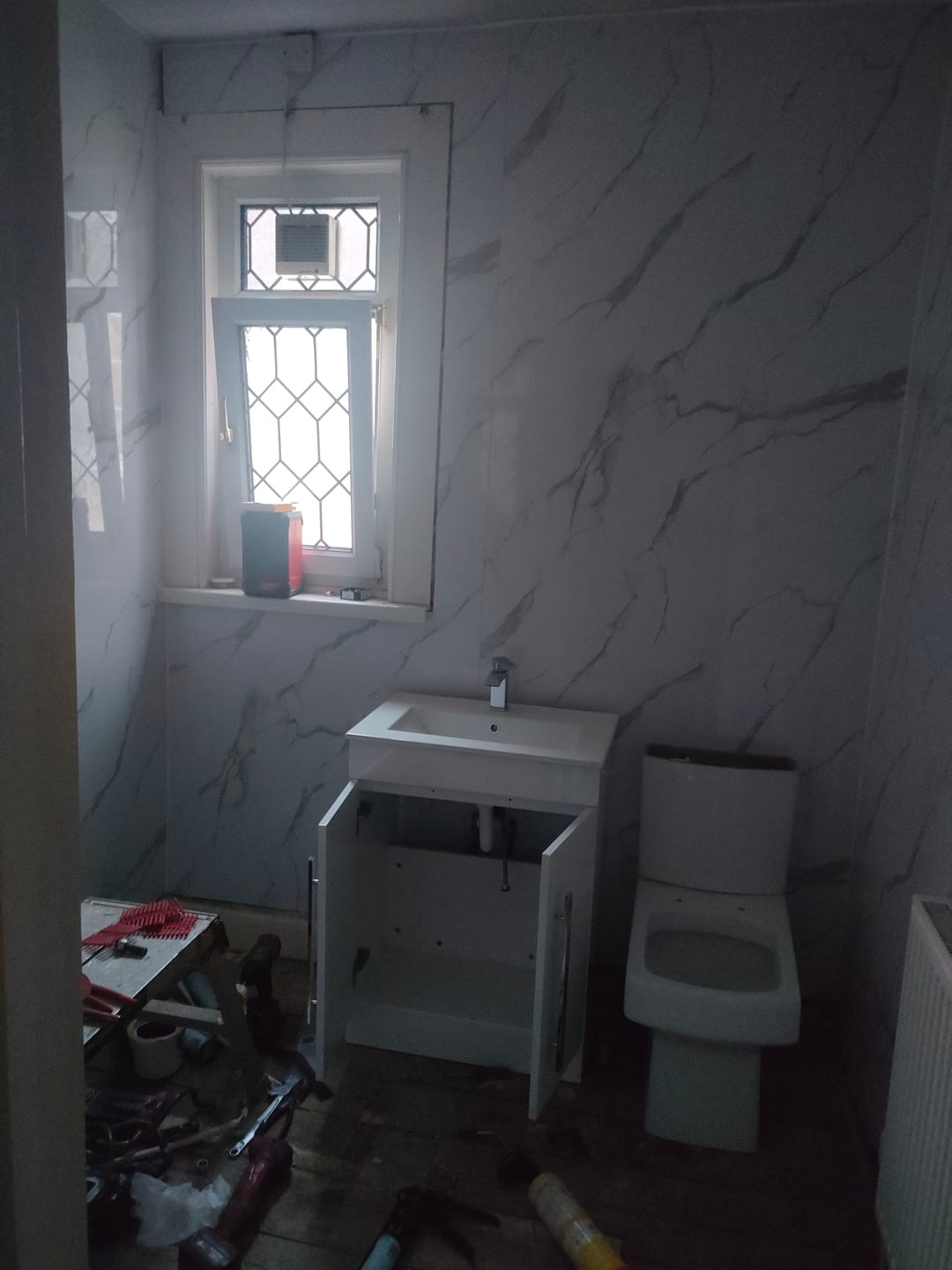 Customer photo review of Premium Carrara White Marble Gloss Shower Wall Panel - 1M x 2.4M