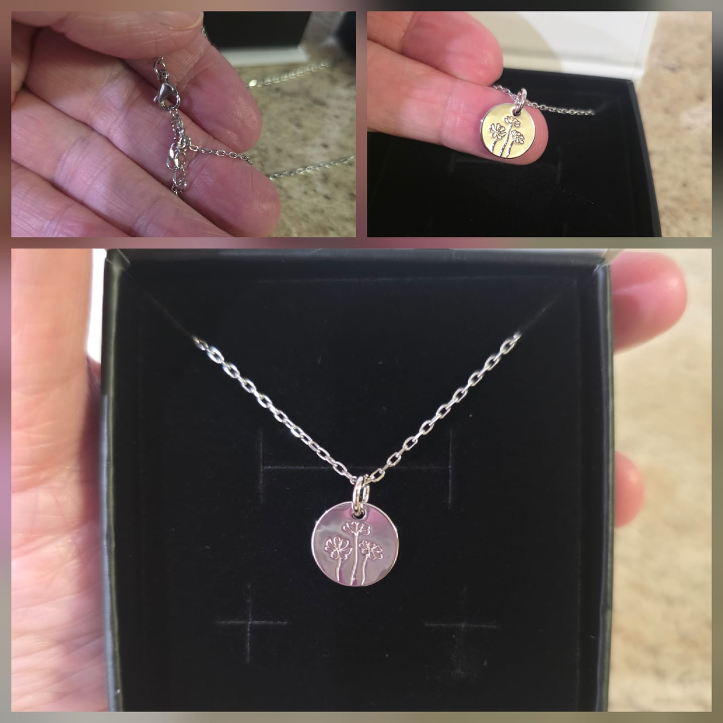 Customer photo review of Floral 18k White Gold Plated Engraved Birth Month Flower Pendant Necklace