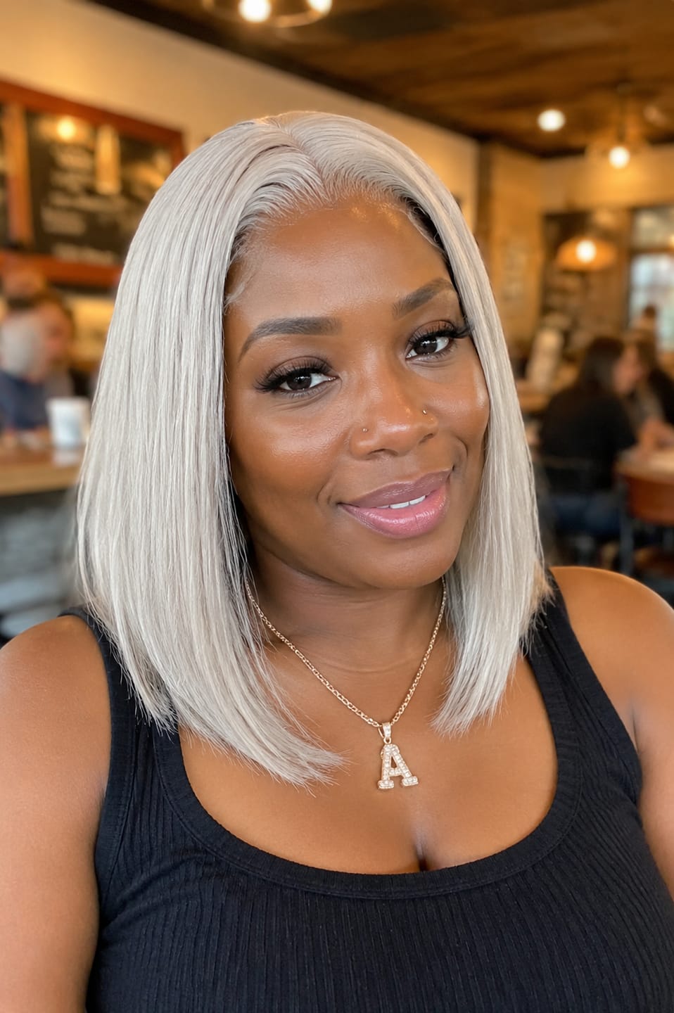 Customer photo review of Luvwin 5x5 Lace Bob Wig 95% White Salt and pepper Straight Platinum Blonde 100% Glueless Human Hair Wig