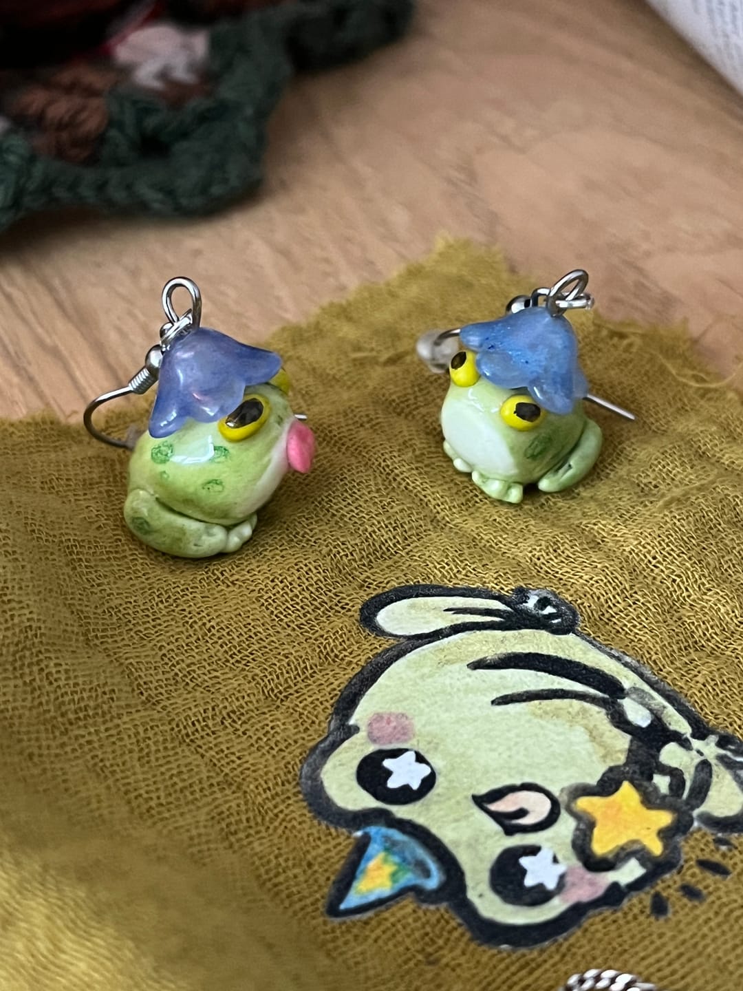 Customer photo review of Silly Flower Frogs Earrings