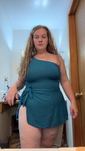 Customer photo review of Emoswim - One Shoulder One Piece Swim Dress for Women Tummy Control Swimsuit with Skirt
