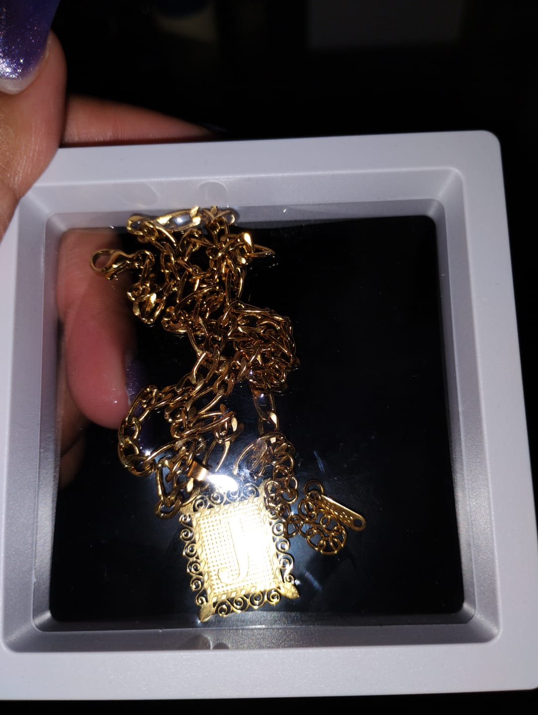Customer photo review of Embossed Initial Necklace w/ Figaro Chain