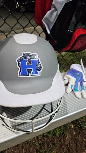 Customer's custom vinyl sticker featuring a bear head and the letter H, applied to a grey baseball helmet.