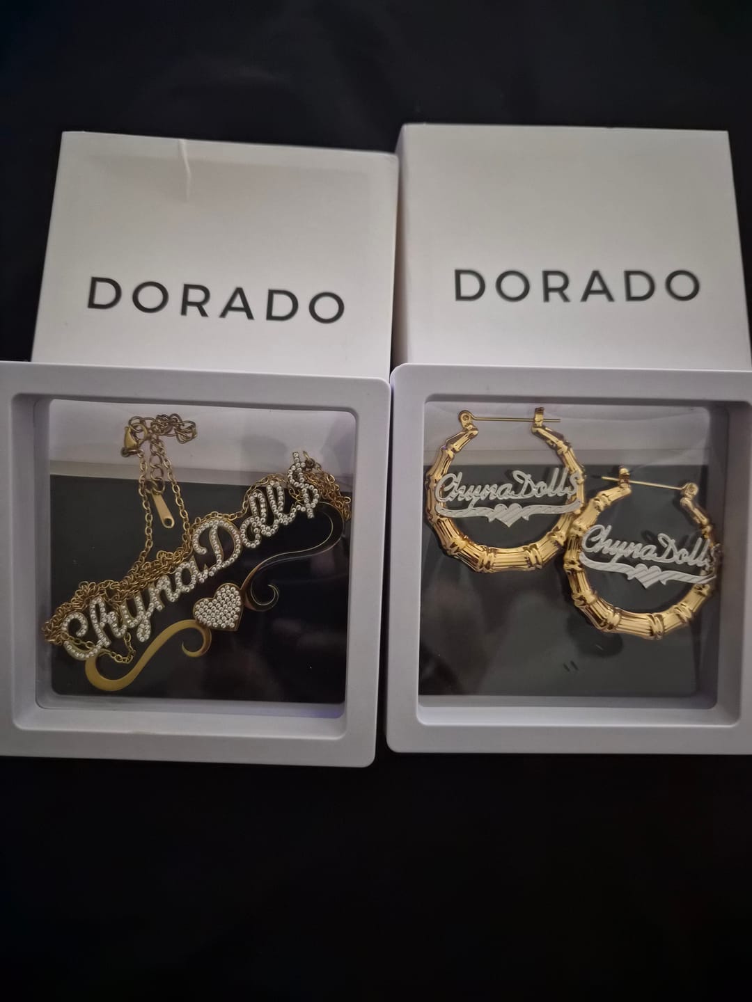 Customer photo review of Double Plated Bamboo Name Hoop Earrings