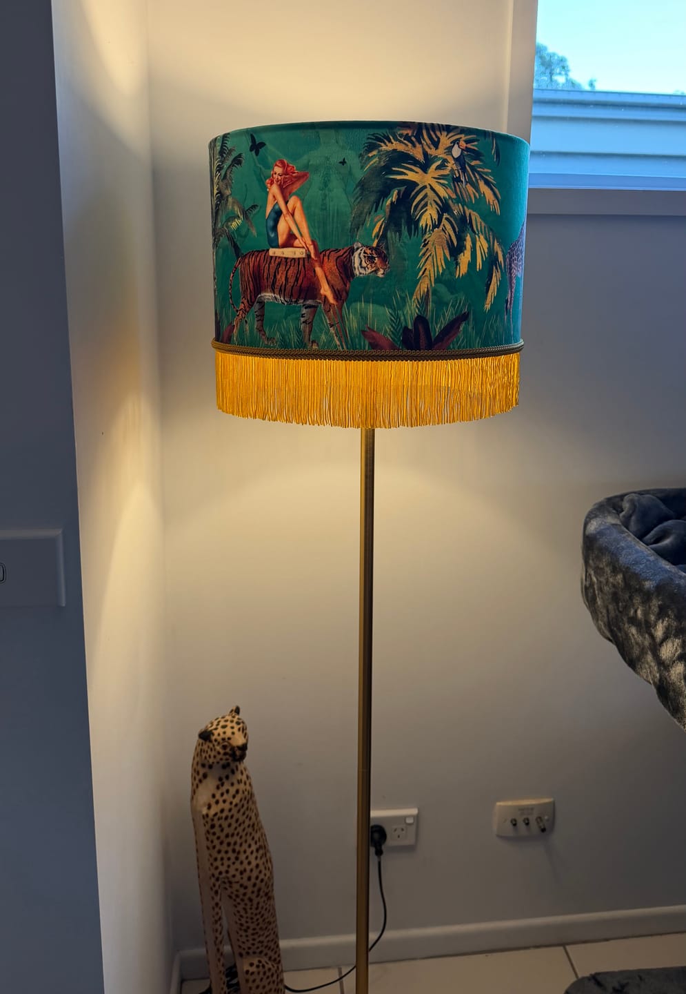 Customer photo review of Queen K Jungle Walk Green Tassel Fringed Drum Lampshade