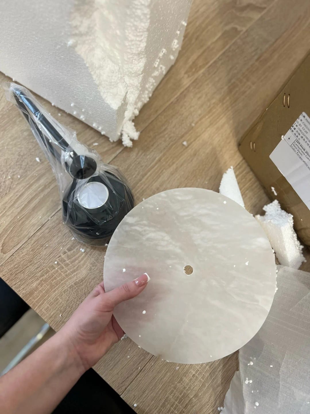 Customer photo review of Kristy Round Alabaster Wall Lamp, Black Arm, G9 LED, Warm or Cold Light