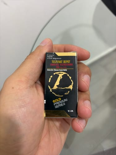 Customer's hand holding a small black and gold Testenat Depot box.