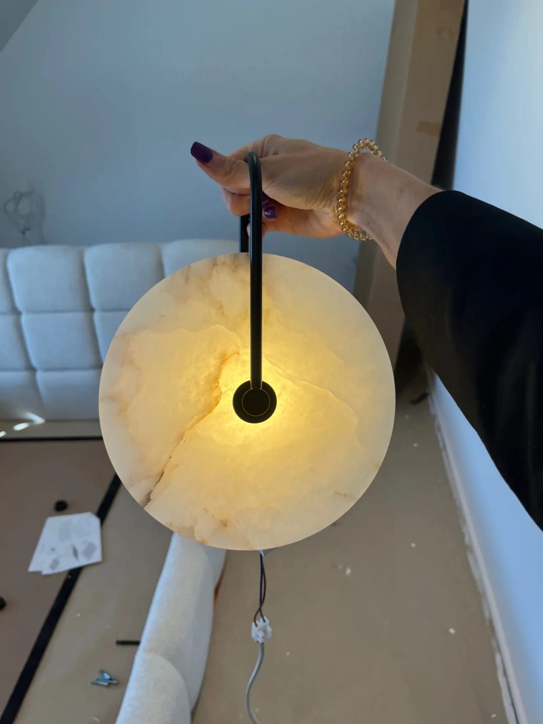 Customer photo review of Kristy Round Alabaster Wall Lamp, Black Arm, G9 LED, Warm or Cold Light