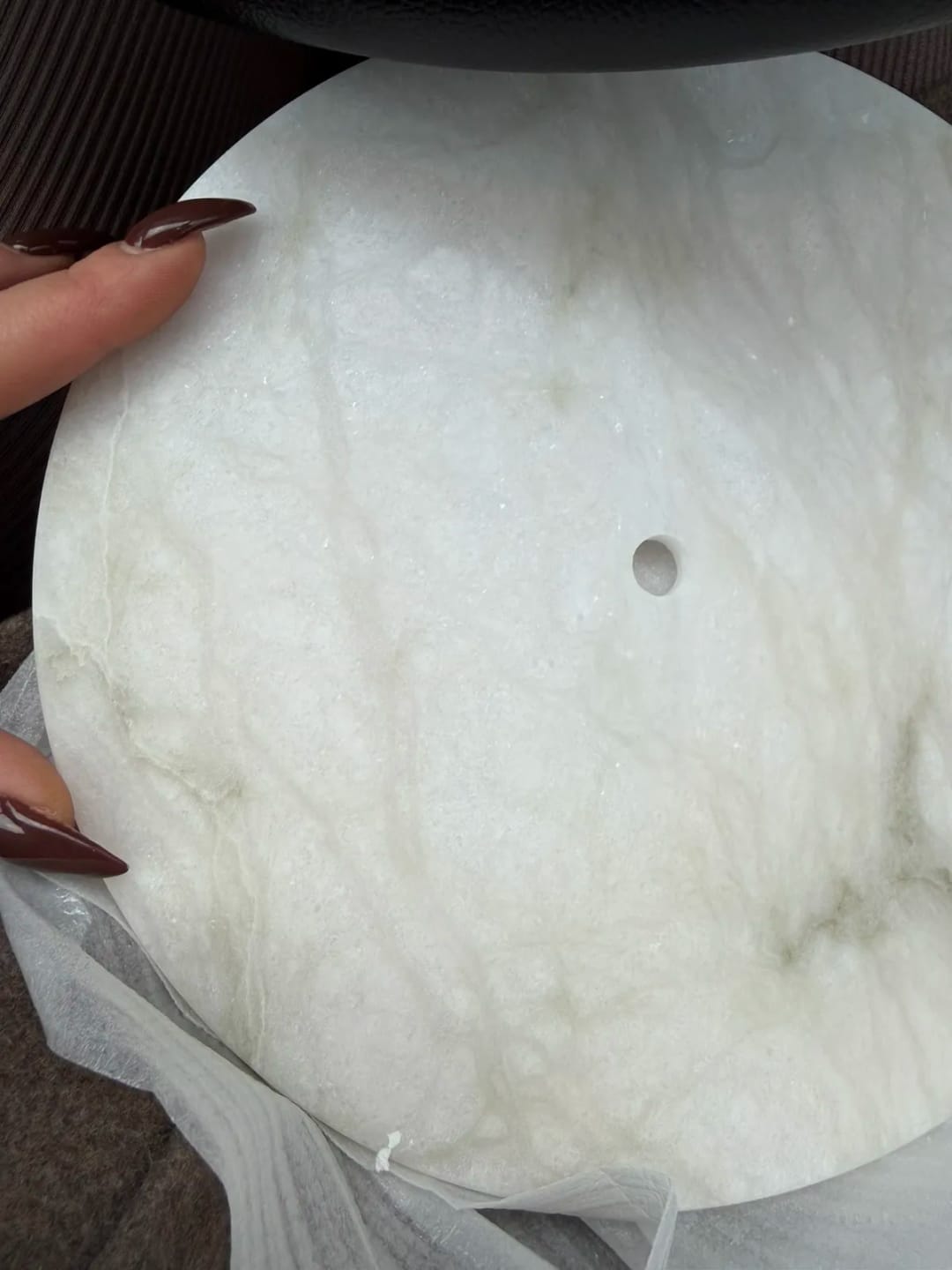 Customer photo review of Kristy Round Alabaster Wall Lamp, Black Arm, G9 LED, Warm or Cold Light