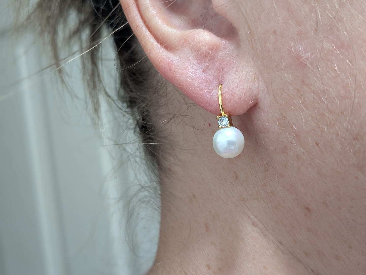 Customer photo review of Cassie 18k White Gold Plated Pearl Drop Earrings with Swarovski Crystals