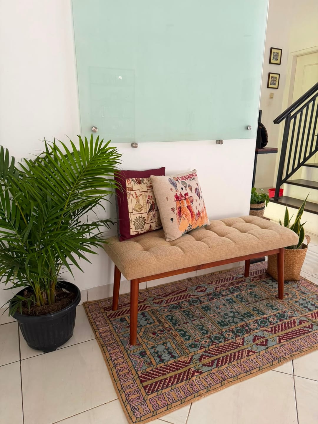 Customer photo review of Solid Teak Bench with Tufted Cushion