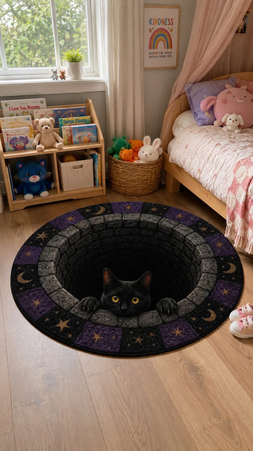 Customer photo review of Halloween 3D Vortex Optical Illusion Round Rug, Non Slip Decorative Floor Mat, Spooky Visual Trap Design, Halloween Home Decor Gift for Family & Party Lovers