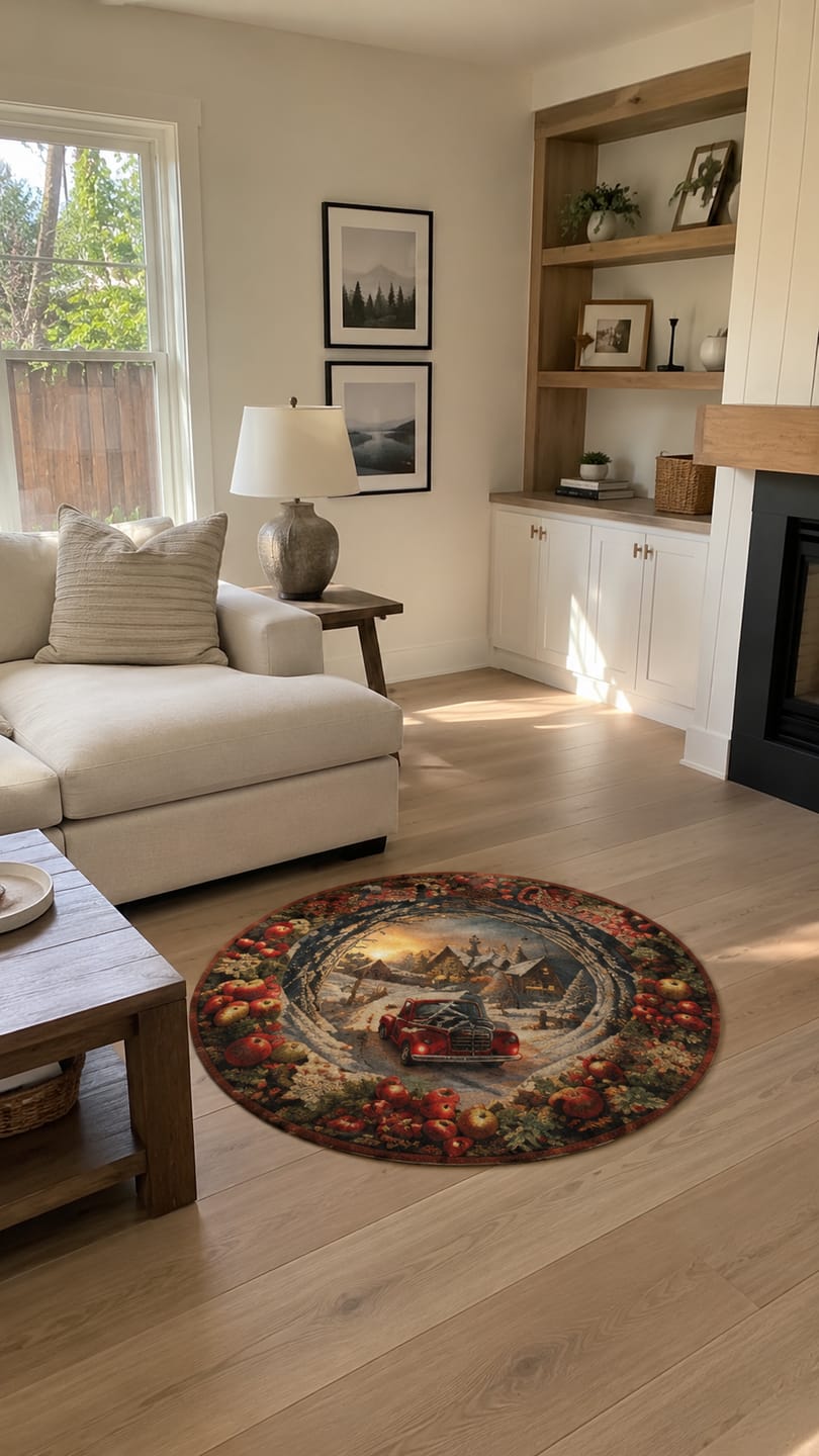 Customer photo review of Christmas 3D Vortex Optical Illusion Round Rug Non-Slip Decorative Floor Mat, Winter Snow Forest Deer Snowman Vintage Red Truck Cabin Wreath Pattern, Indoor Holiday Home Decor Gift For Family, Christmas Enthusiasts