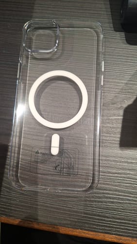 Customer's clear Anti Yellow MagSafe case for iPhone 14 Plus showing the circular magnetic alignment ring.