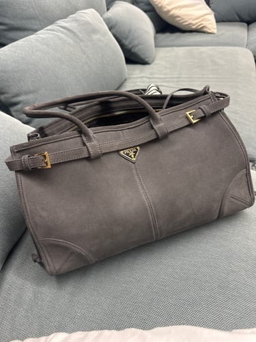 Customer photo review of PRADA 25S BONNIE LARGE HANDBAG 38 IN DARK GRAY SUEDE GOLD HARDWARE