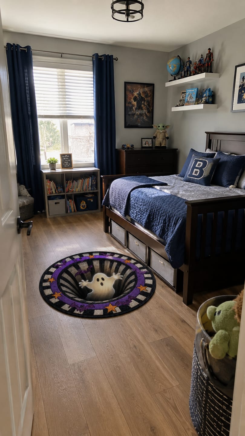 Customer photo review of Halloween 3D Vortex Optical Illusion Round Rug, Non Slip Decorative Floor Mat, Spooky Visual Trap Design, Halloween Home Decor Gift for Family & Party Lovers