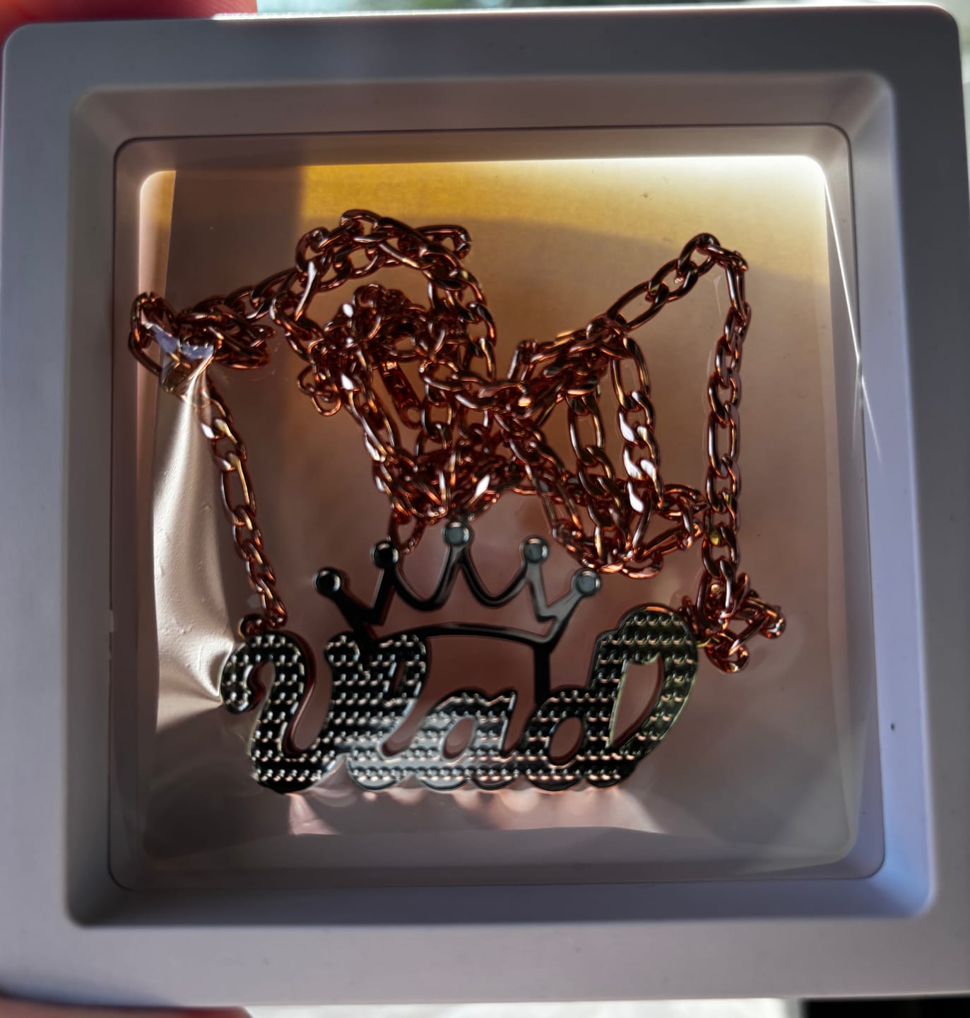 Customer photo review of Double Plated Crown Name Necklace w/ Figaro Chain