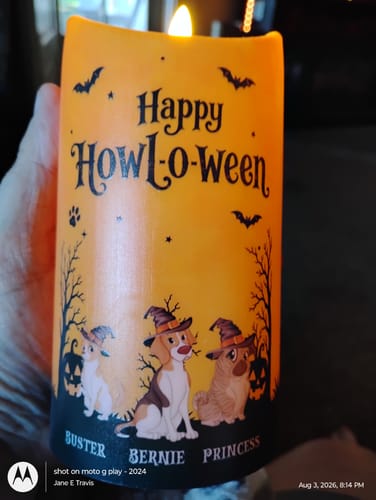 Customer's orange, pillar-shaped personalized LED candle featuring Halloween-themed dog illustrations and names.