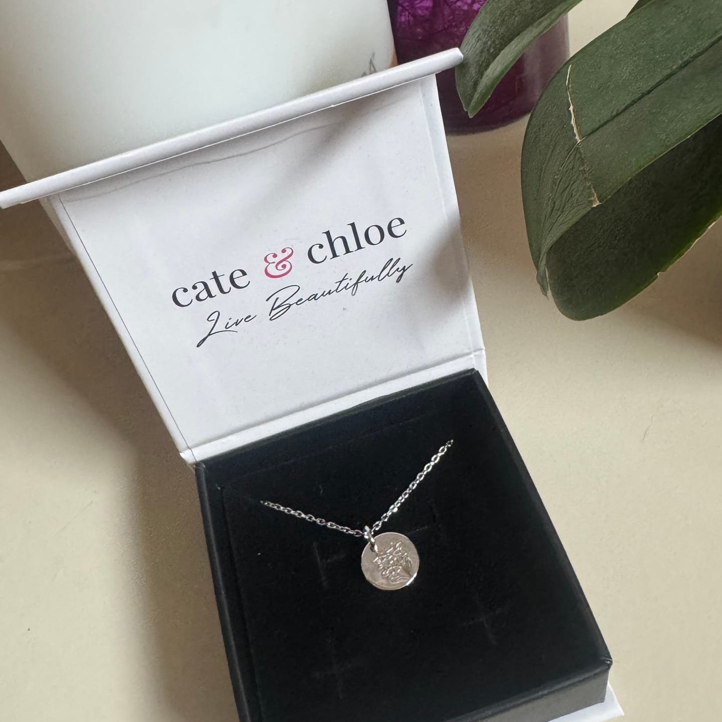 Customer photo review of Floral 18k White Gold Plated Engraved Birth Month Flower Pendant Necklace