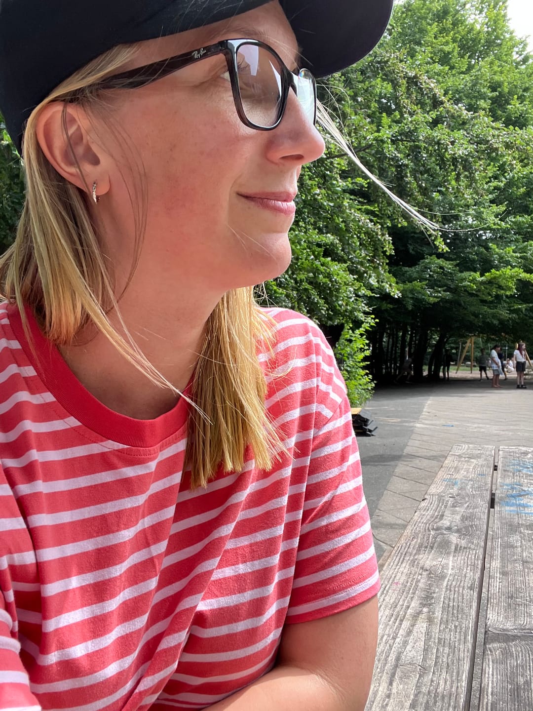 Customer photo review of Red & Purple Striped Breastfeeding Tee with Hidden Zip