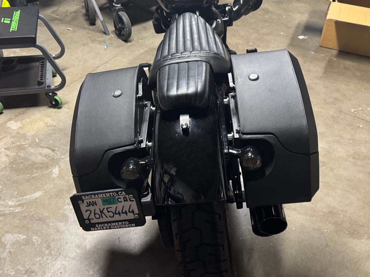 Customer photo review of 32L - Darkin Large Quick Mount Leather Wrapped Hard Saddlebags for Harley Softail Street Bob FXBB/S