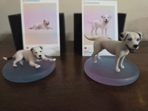 Customer's two DoDoWish personalized 3D figurines of white dogs, each with a photo card on a stand.