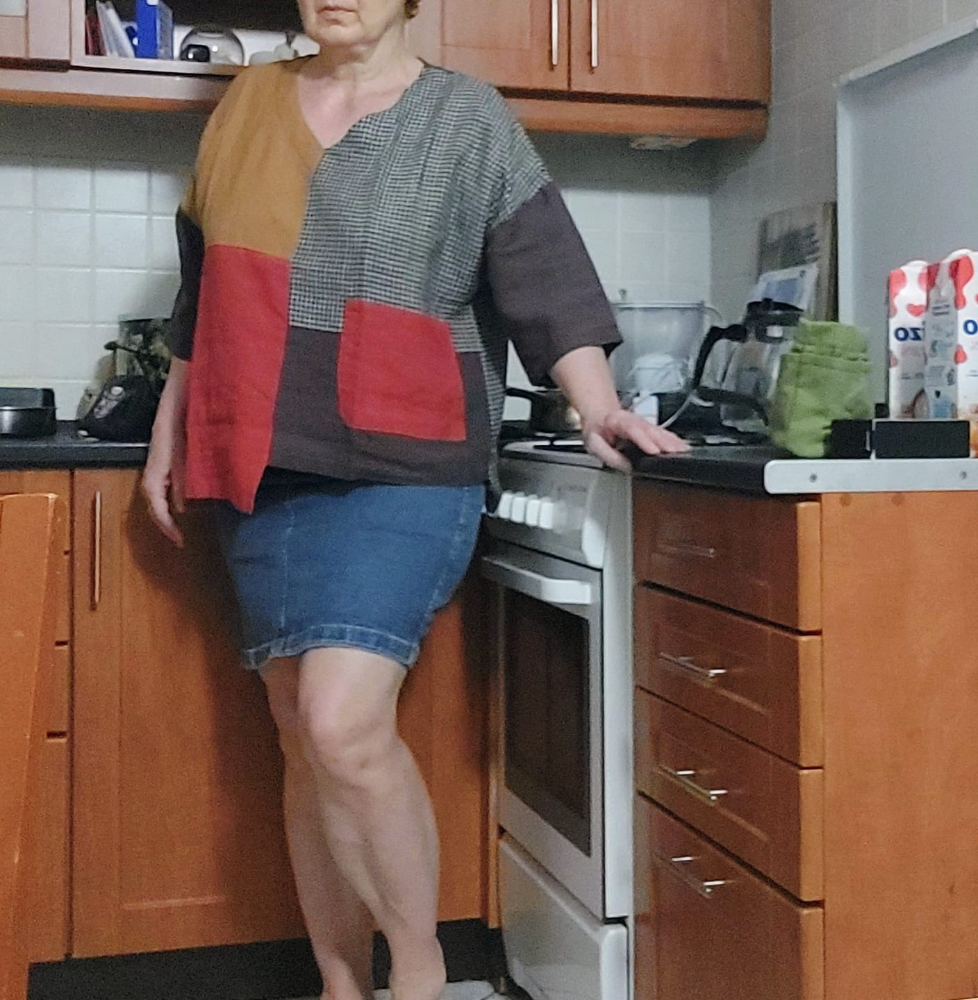 Customer photo review of Plus Size Women Linen Retro Patch Spliced Pocket Irregular Loose Blouse