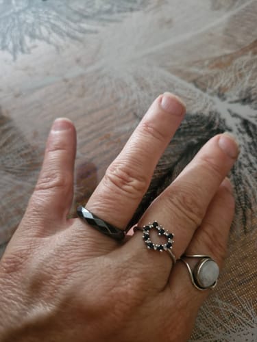 Customer's hand wearing a dark, faceted ring alongside a heart-shaped ring and a round stone ring.