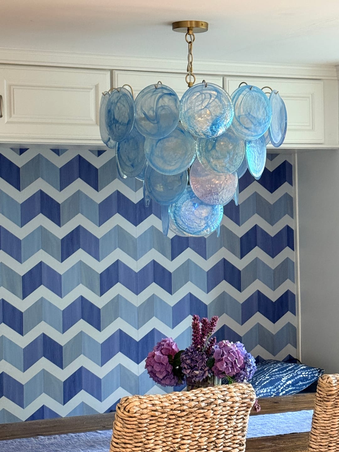 Customer photo review of Glam Blue Iridescent Swirl Glass Round Tiered Chandelier