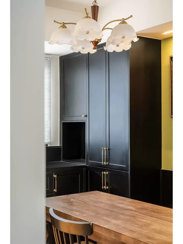 Customer photo review of Chandelier, Swedish Modern Brass & Walnut, Opaline Ceramic Shades
