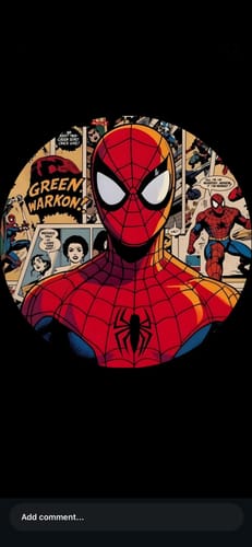 Customer's circular graphic featuring a comic book style illustration of Spider-Man in a red and blue suit