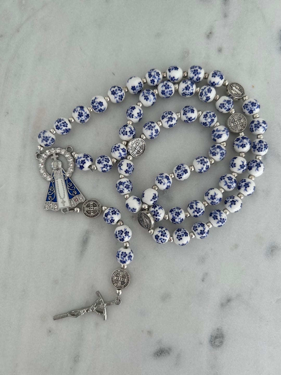 Customer photo review of Christianartworkshop Blue & White Floral Ceramic Rosary with St. Benedict Medals & Our Lady